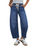 GRAPENT Barrel Jeans Women High Rise Pull On Elastic Waist Crop Denim Pants