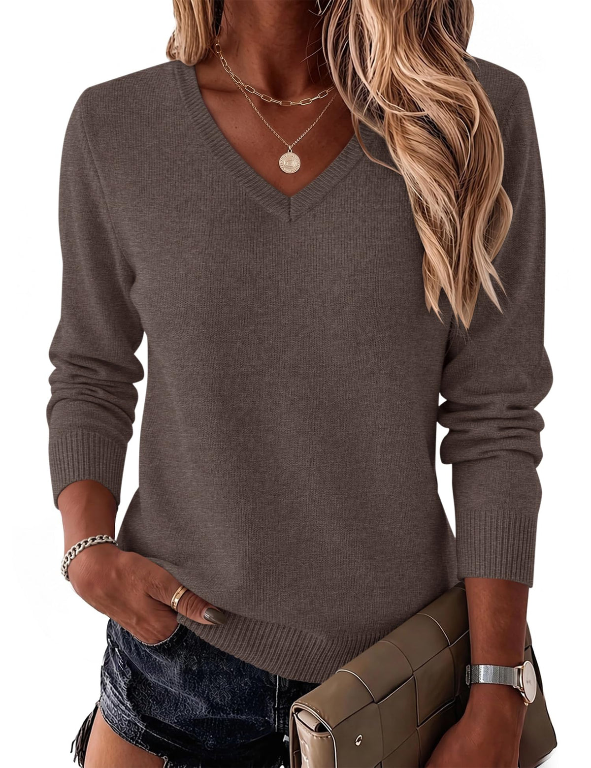 LOMON Womens Wool Blend Sweaters Long Sleeve Tops V Neck Knit Shirts Fall