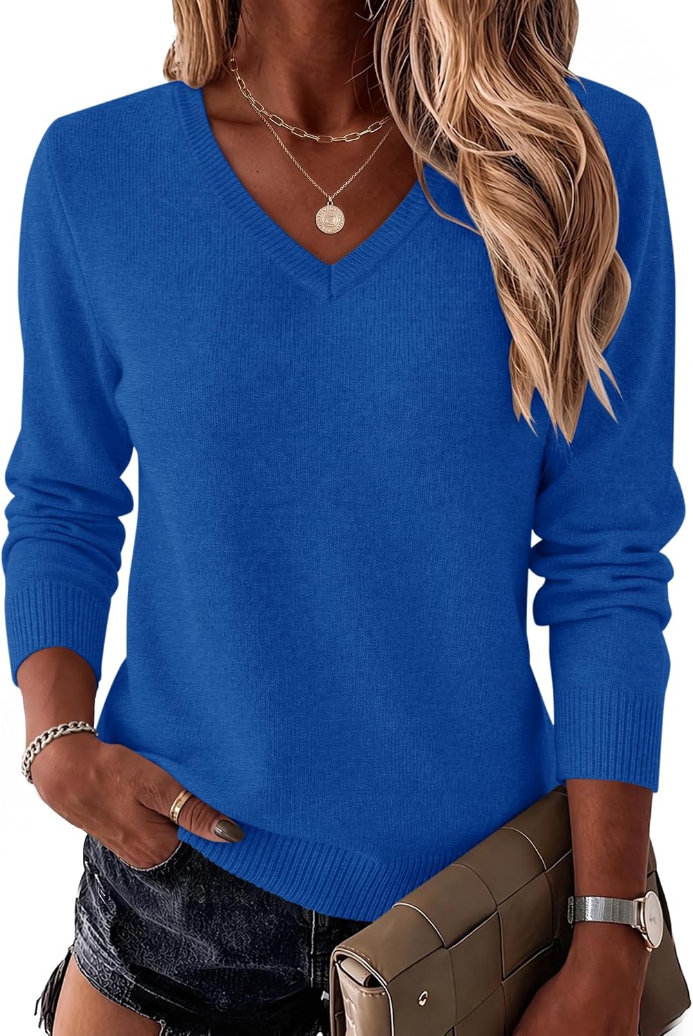 LOMON Womens Wool Blend Sweaters Long Sleeve Tops V Neck Knit Shirts Fall