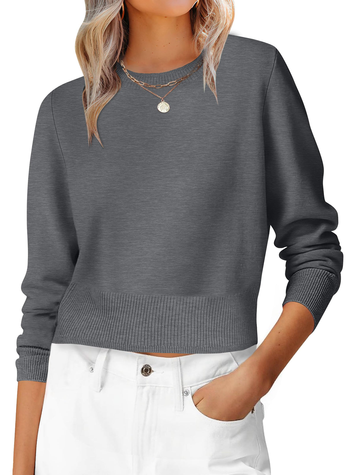 ANRABESS Women’s Long Sleeve Cropped Crew Neck Lightweight Fall Sweaters