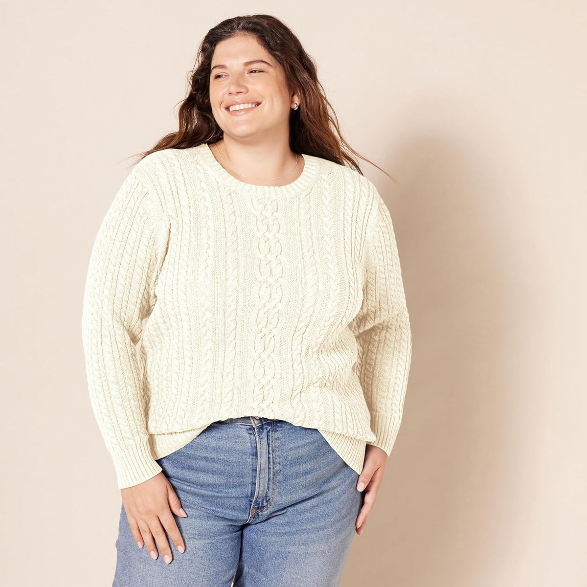 Amazon Essentials Women's Regular Fit Soft Cotton Cable Knit Ribbed Crewneck Sweater (Available in Plus Size)