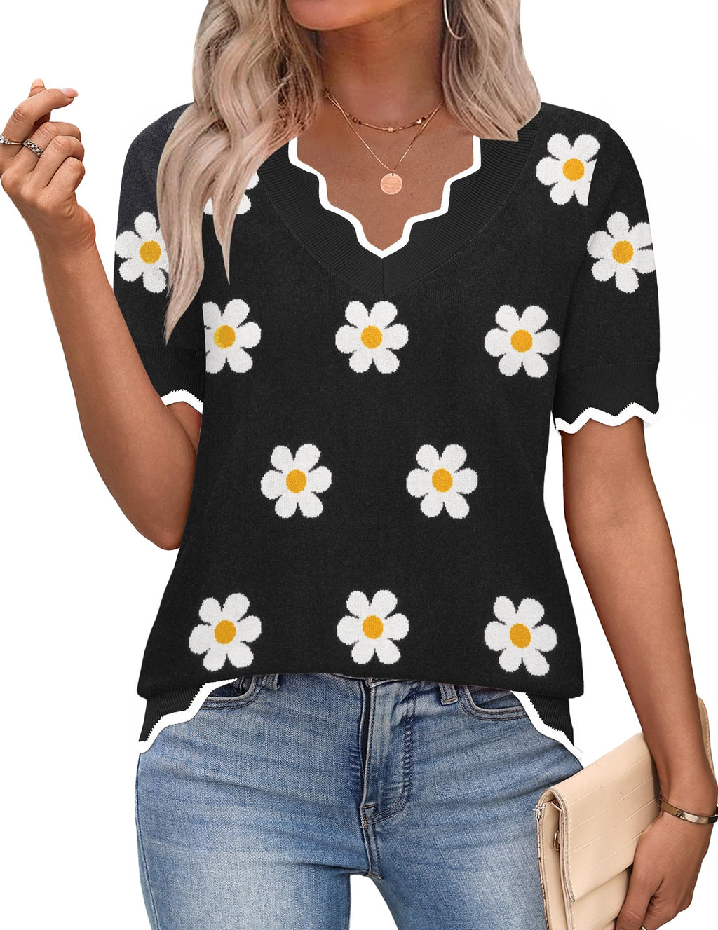 Zeagoo Women's Short Sleeve Sweater 2026 Summer V Neck Tops Dressy Blouses