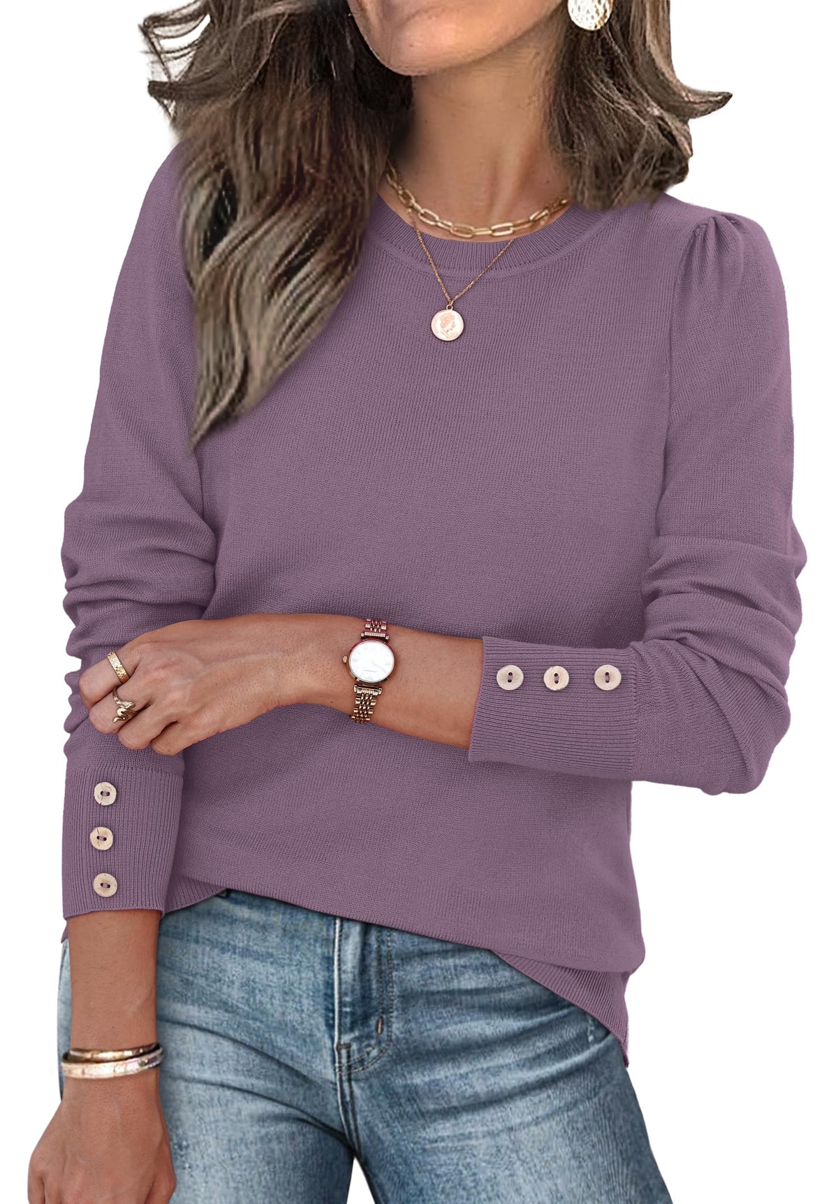 Womens Sweaters Fall Fashion 2025 Long Sleeve Button Cuff Soft Knit Pullover Trendy Tops Dressy Casual Blouses