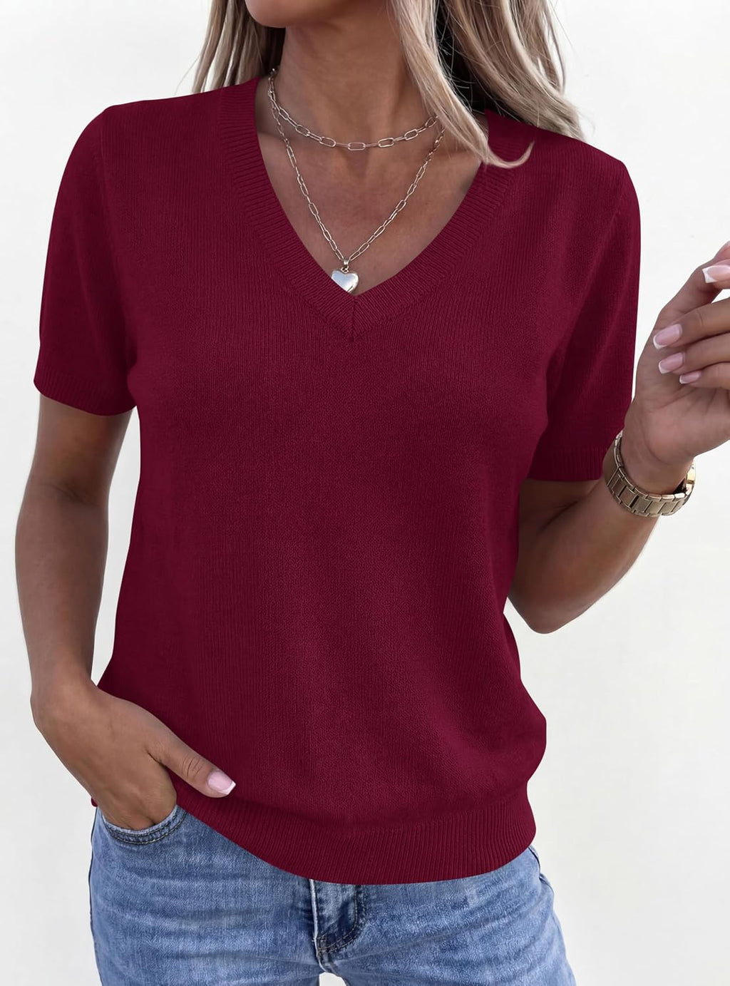 PRETTYGARDEN Womens Short Sleeve Sweater V Neck Tops