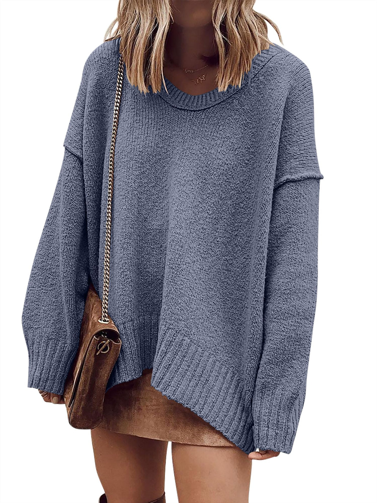 ANRABESS Womens Fall Fashion Oversized Scoop V Neck Batwing Sleeve Sweater