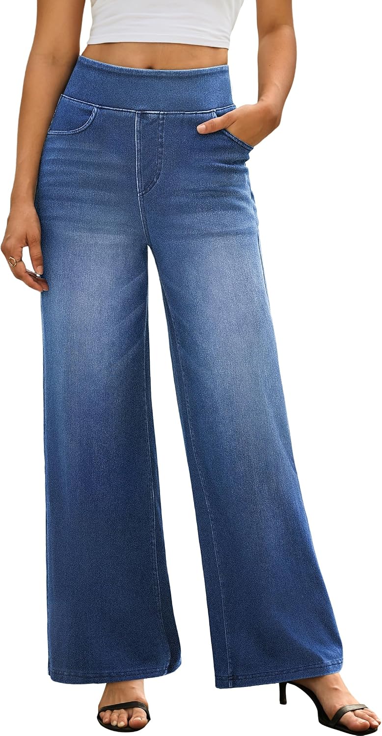 IWD Wide Leg Jeans for Women High Waisted Stretchy Pull On Denim Pants
