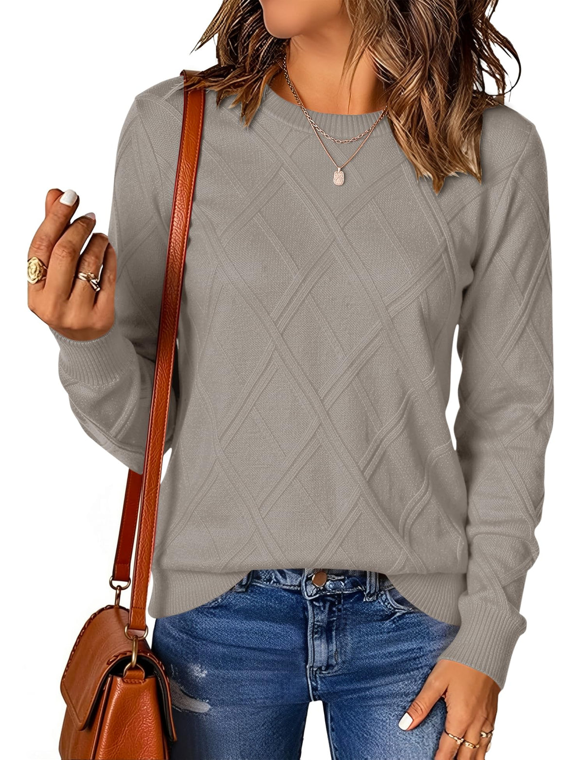LOMON Women's Cable Knit Sweater Long Sleeve Crew Neck Fall Tops