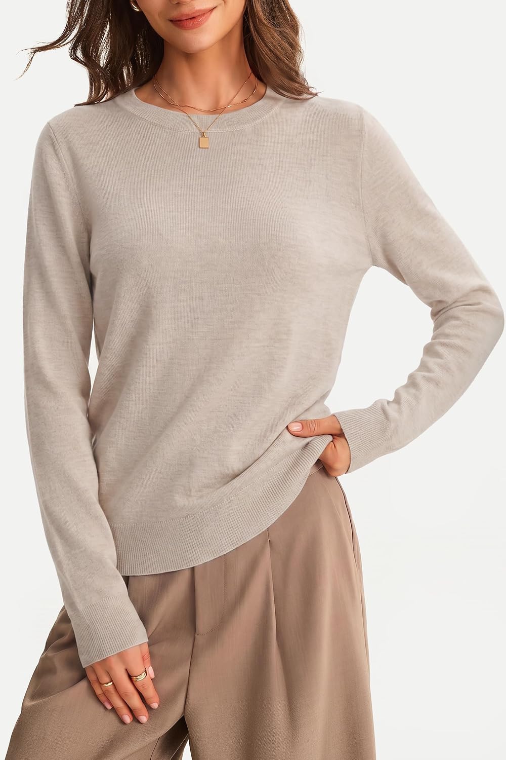 Arach&Cloz Women's 100% Merino Wool Long Sleeve Crew Neck Fall Work Sweater