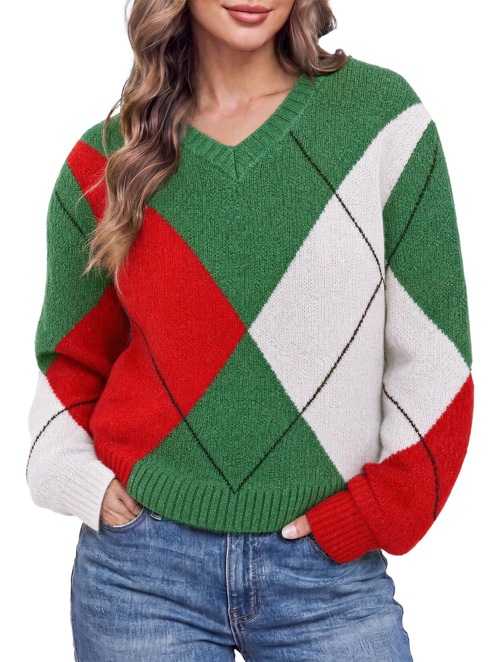 Cicy Bell Womens V Neck Argyle Sweaters Long Sleeve Knit Casual Pullovers