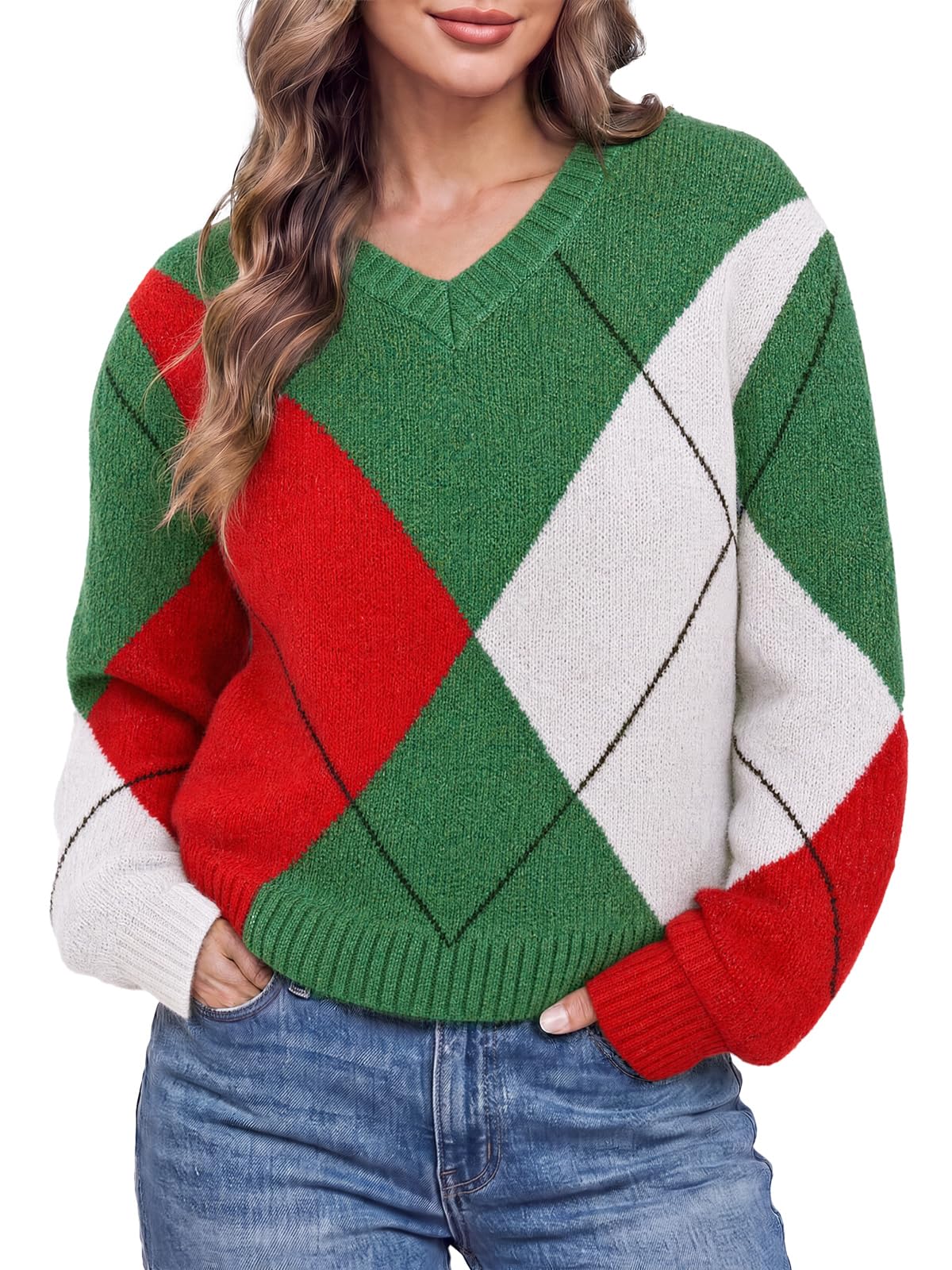 Cicy Bell Womens V Neck Argyle Sweaters Long Sleeve Knit Casual Pullovers
