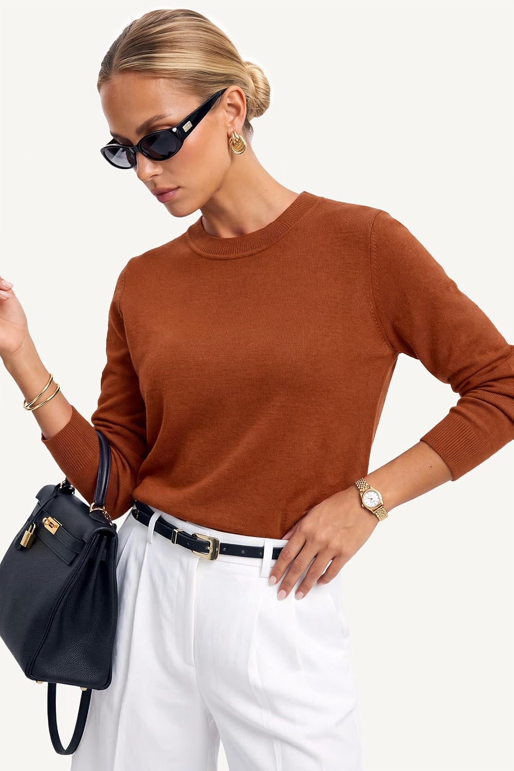 Arach&Cloz Women's Wool Blend Classic Crew Neck Casual Fall Sweaters