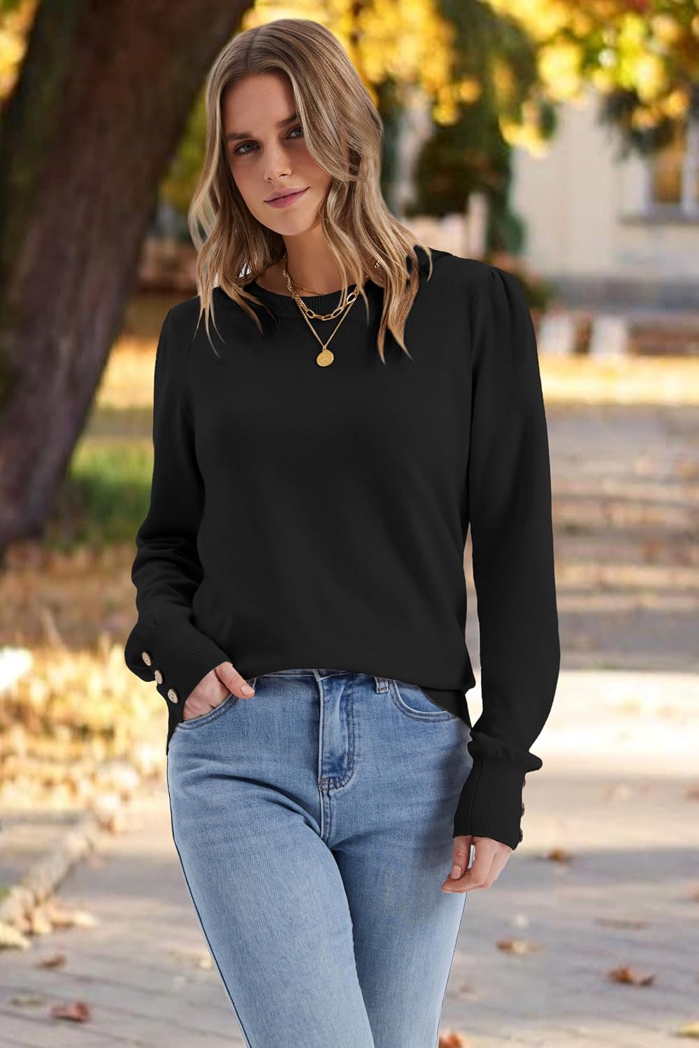 Womens Sweaters Fall Fashion 2025 Long Sleeve Button Cuff Soft Knit Pullover Trendy Tops Dressy Casual Blouses