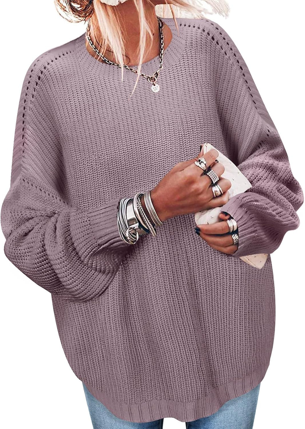 Sweaters for Women Oversized Casual Knit Ribbed Pullover Tunic Tops S-3XL