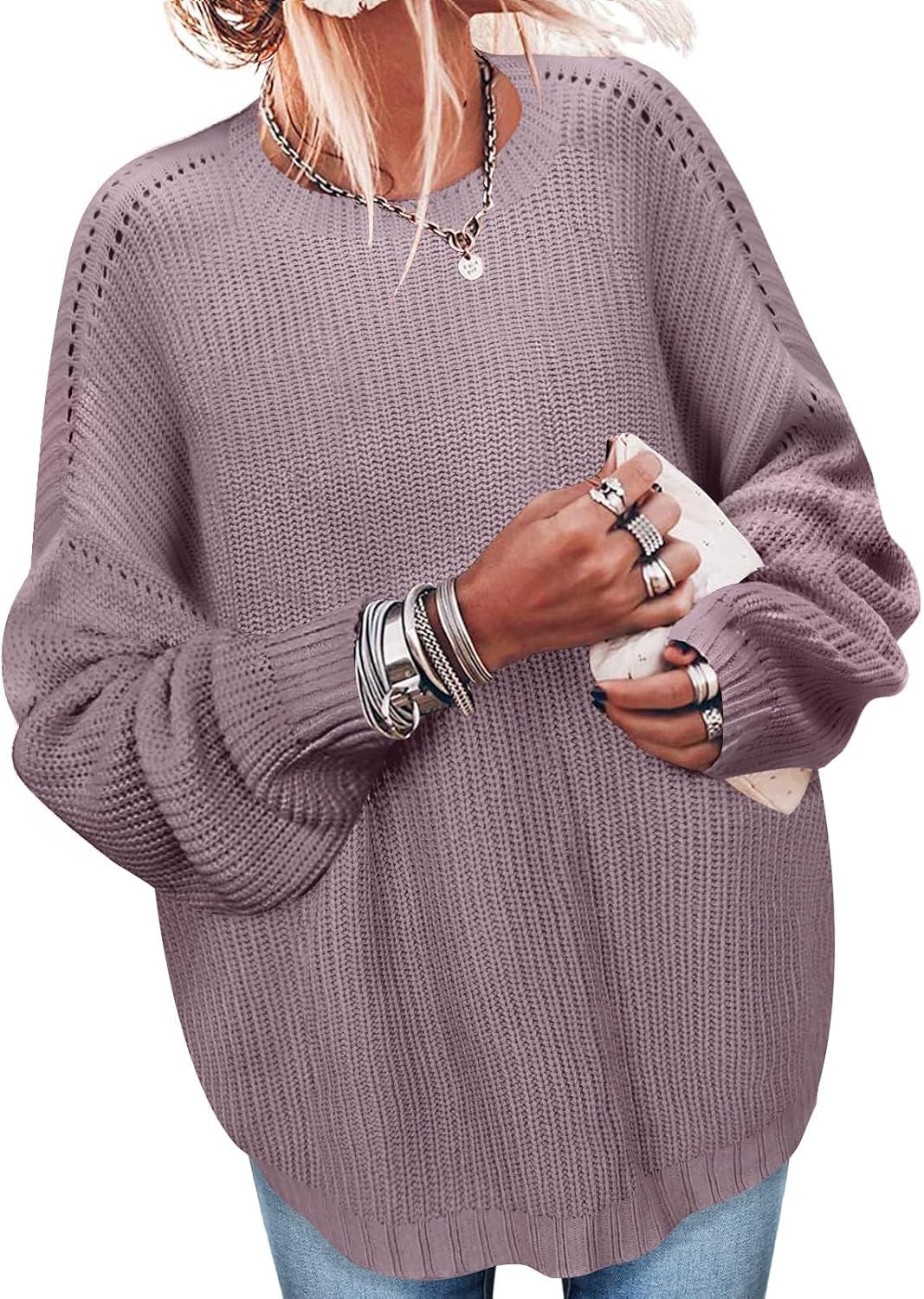 Sweaters for Women Oversized Casual Knit Ribbed Pullover Tunic Tops S-3XL