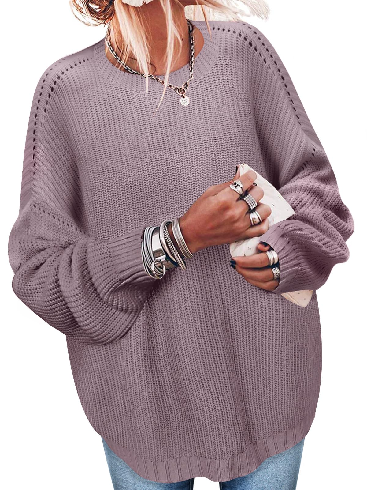 Sweaters for Women Oversized Casual Knit Ribbed Pullover Tunic Tops S-3XL