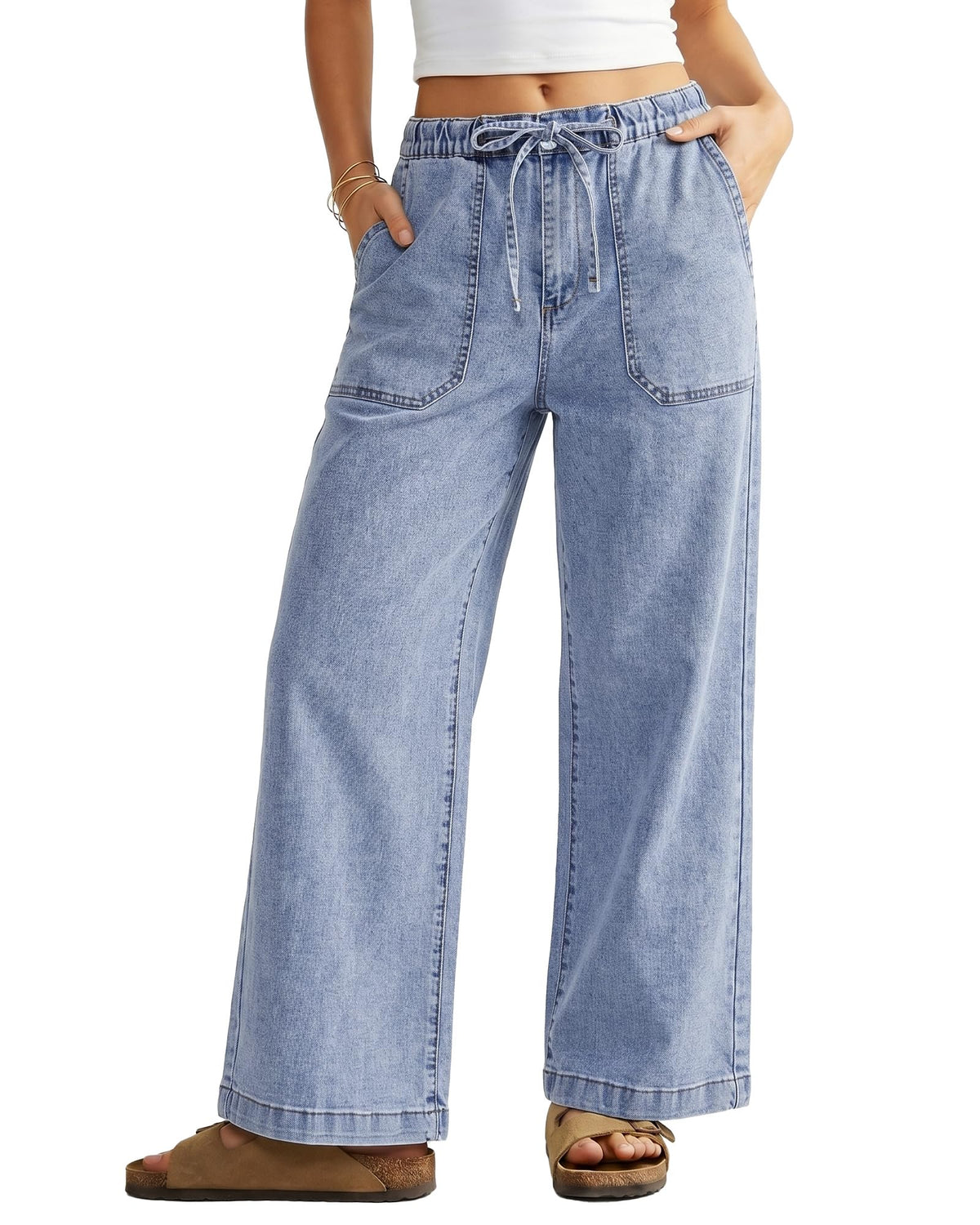 GRAPENT Wide Leg Jeans for Women Trendy High Waisted Drawstring Tie Elastic Waist Stretchy Denim Pants Trouser Jeans