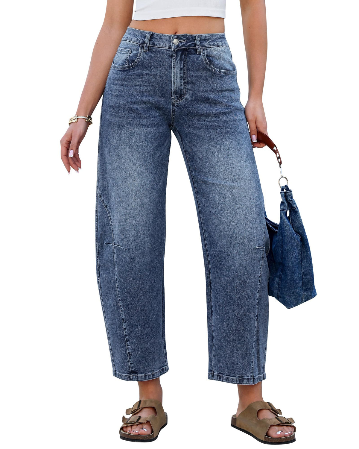 GRAPENT Barrel Jeans for Women Cropped Trendy High Waisted Baggy Side Seamed Casual Stretchy Denim Pants Wide Leg Jeans