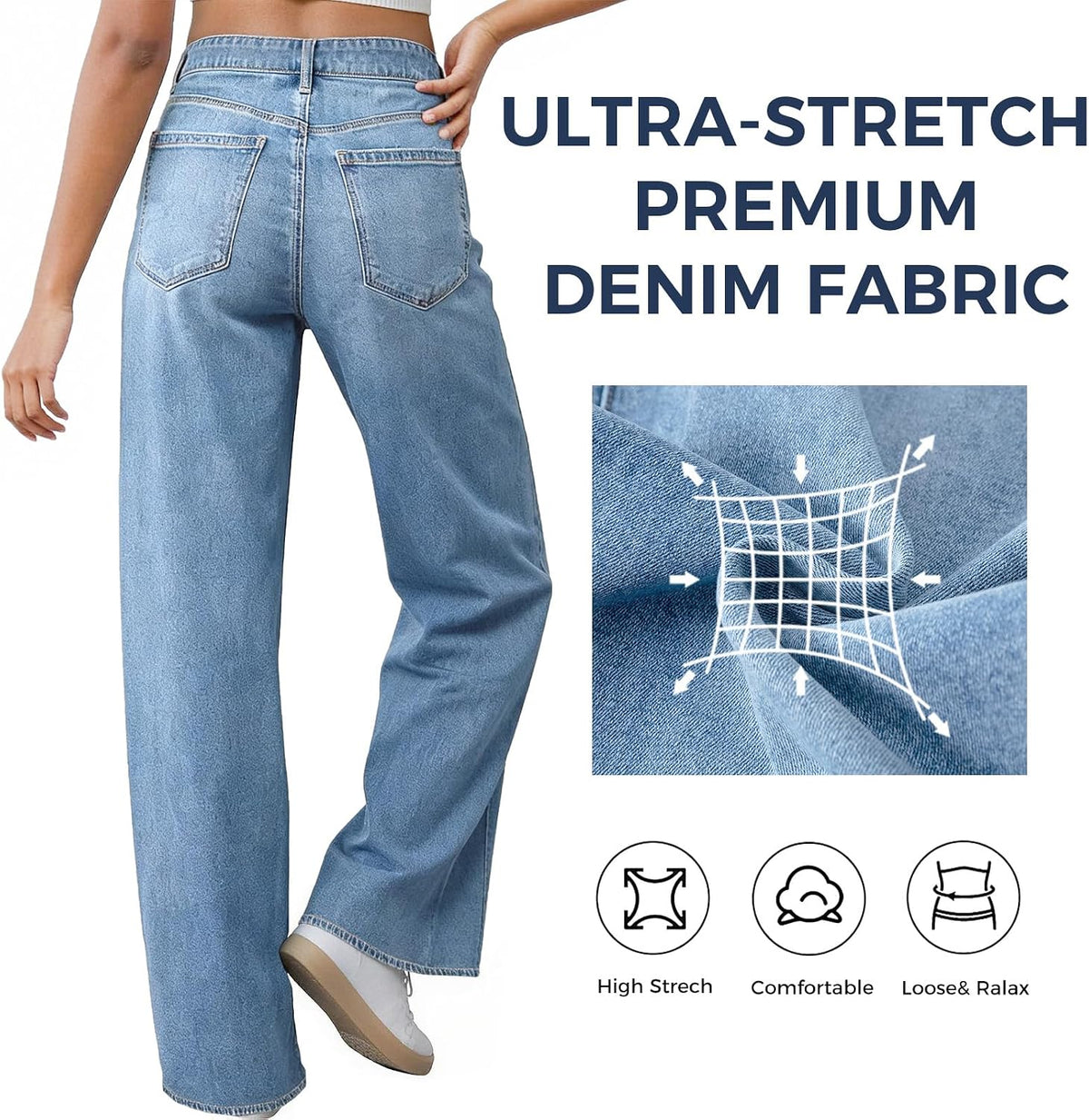 Women's Wide Leg Jeans High Waisted Baggy Straight Denim Pants