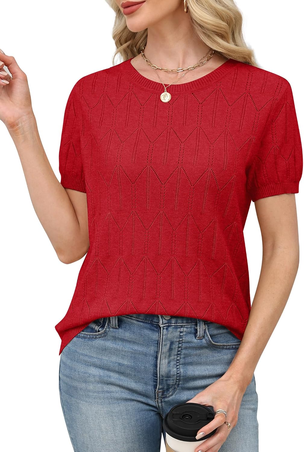 Sampeel Short Sleeve Sweater for Women Round Neck Knit Work Tops Beach Fashion Vacation Clothes Summer Outfits 2026