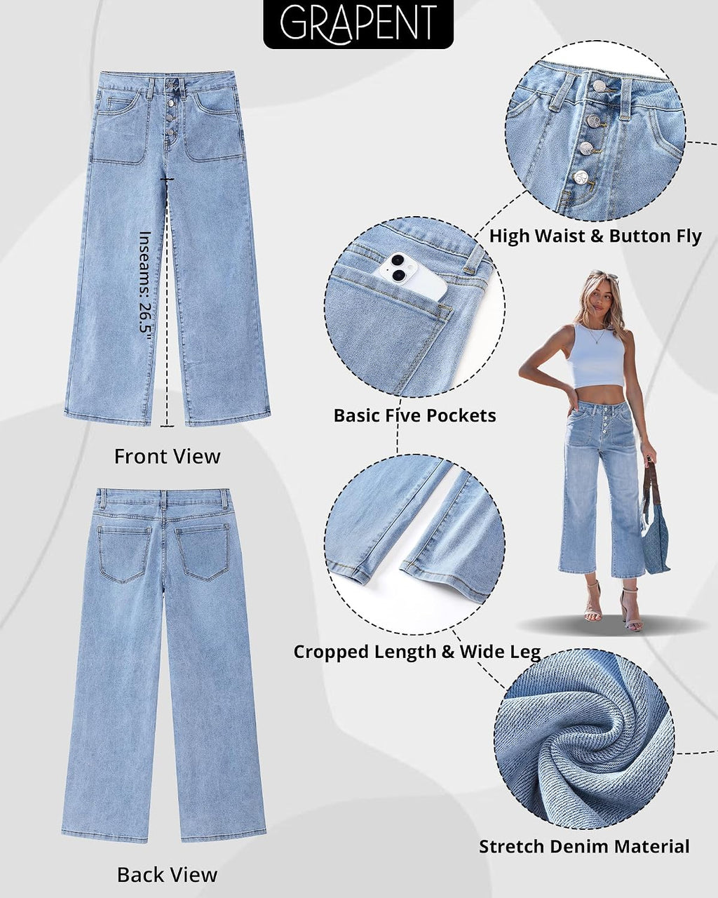 GRAPENT Wide Leg Jeans for Women Cropped Trendy High Waisted Button Fly Loose Straight Leg Stretchy Denim Trouser Jeans