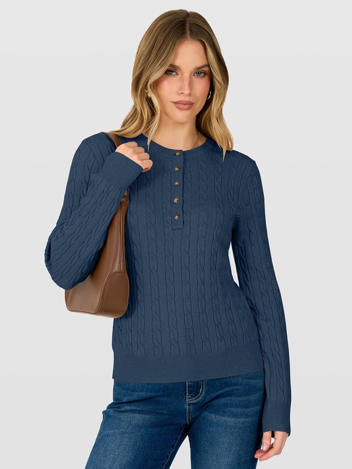 ANRABESS Sweaters for Women Cable Knit Henley Neck Fall Outfits