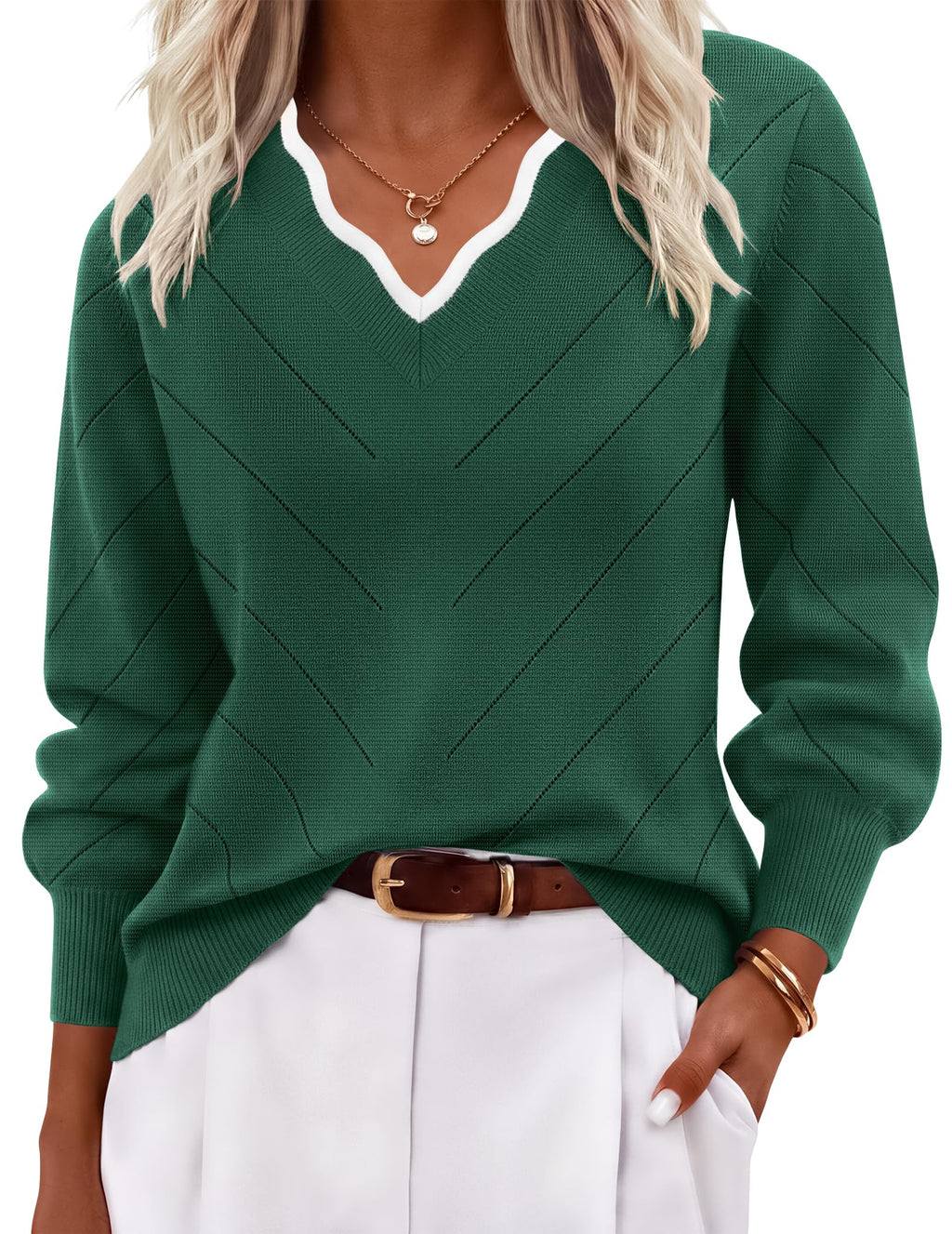 Ekouaer Women's Fall V Neck Sweaters Knit Lightweight Long Sleeve Tops 2026