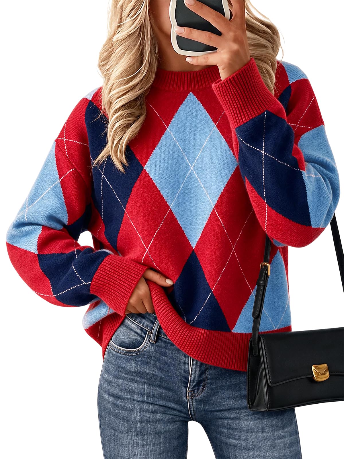Cicy Bell Sweaters for Women Argyle Plaid Color Block Knit Pullover Tops