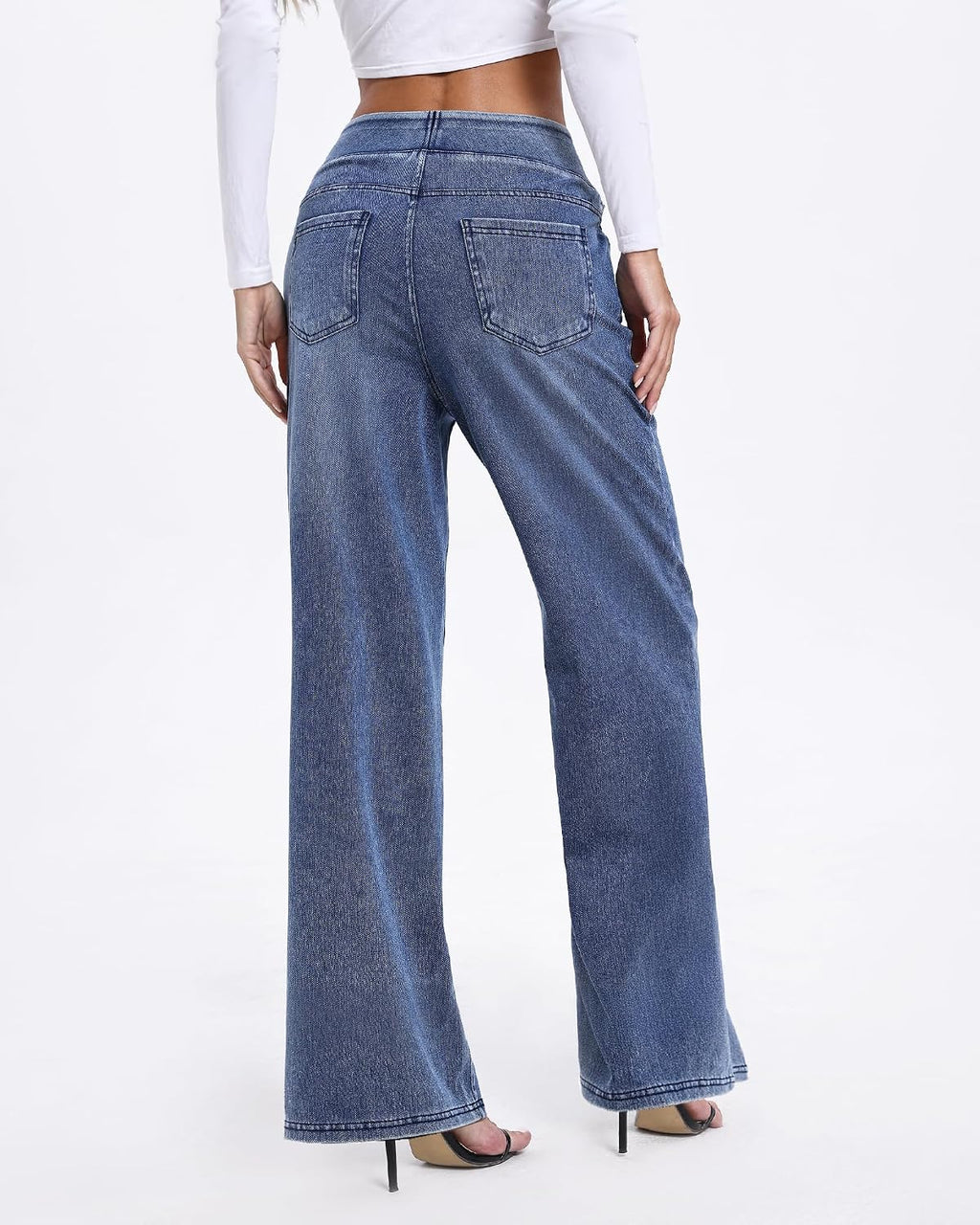 Wide Leg Pull On Jeans Womens High Rise Stretchy Jeans Denim Pants with Elastic Waist Tummy Control