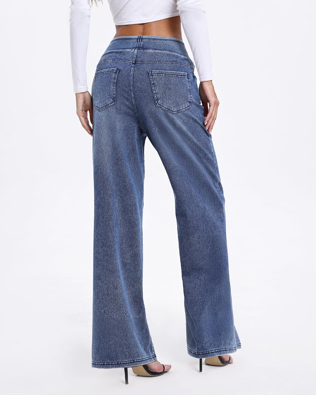 Wide Leg Pull On Jeans Womens High Rise Stretchy Jeans Denim Pants with Elastic Waist Tummy Control