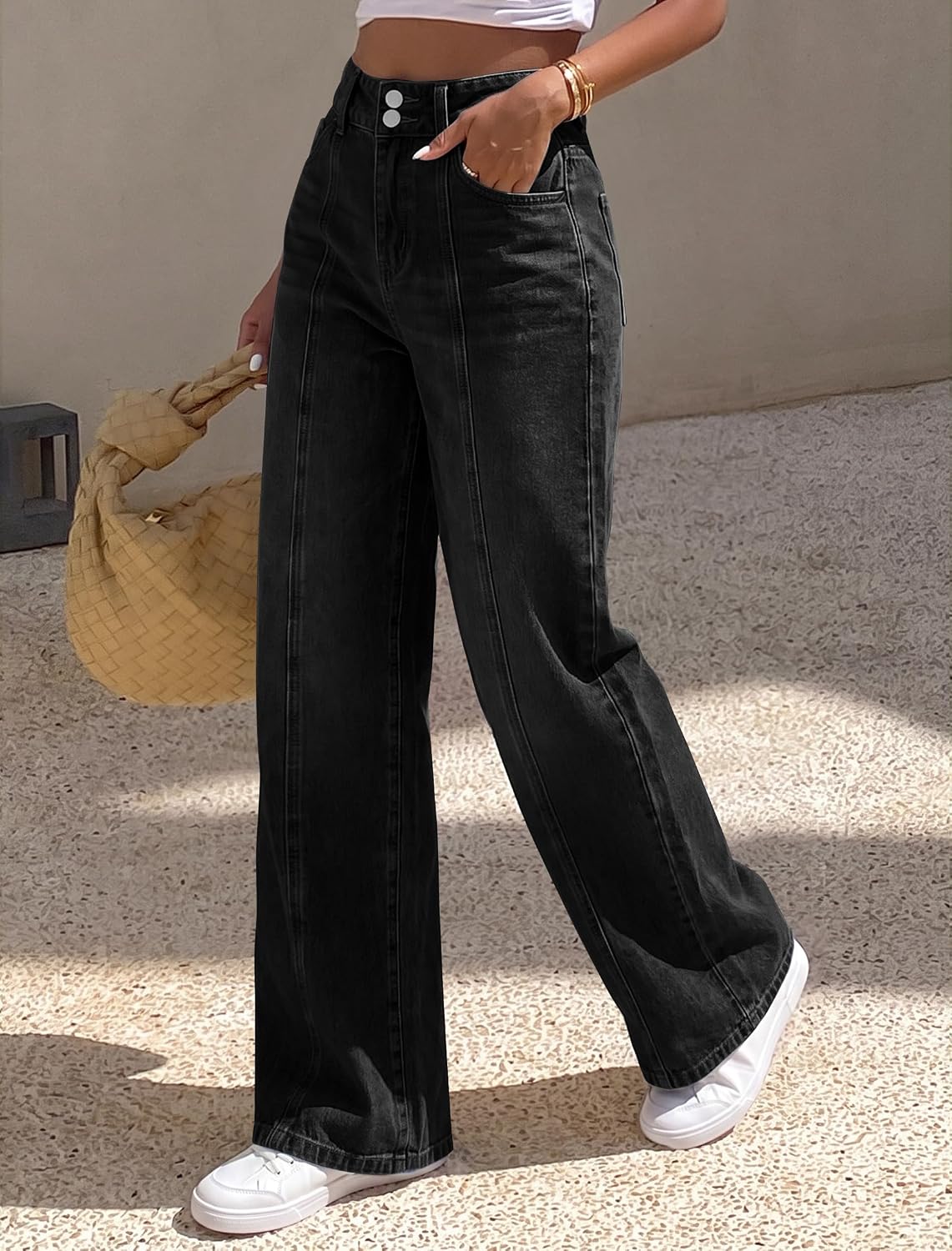 IWD Women's Wide Leg Jeans Straight Mid Rise Baggy Denim Pants Leopard