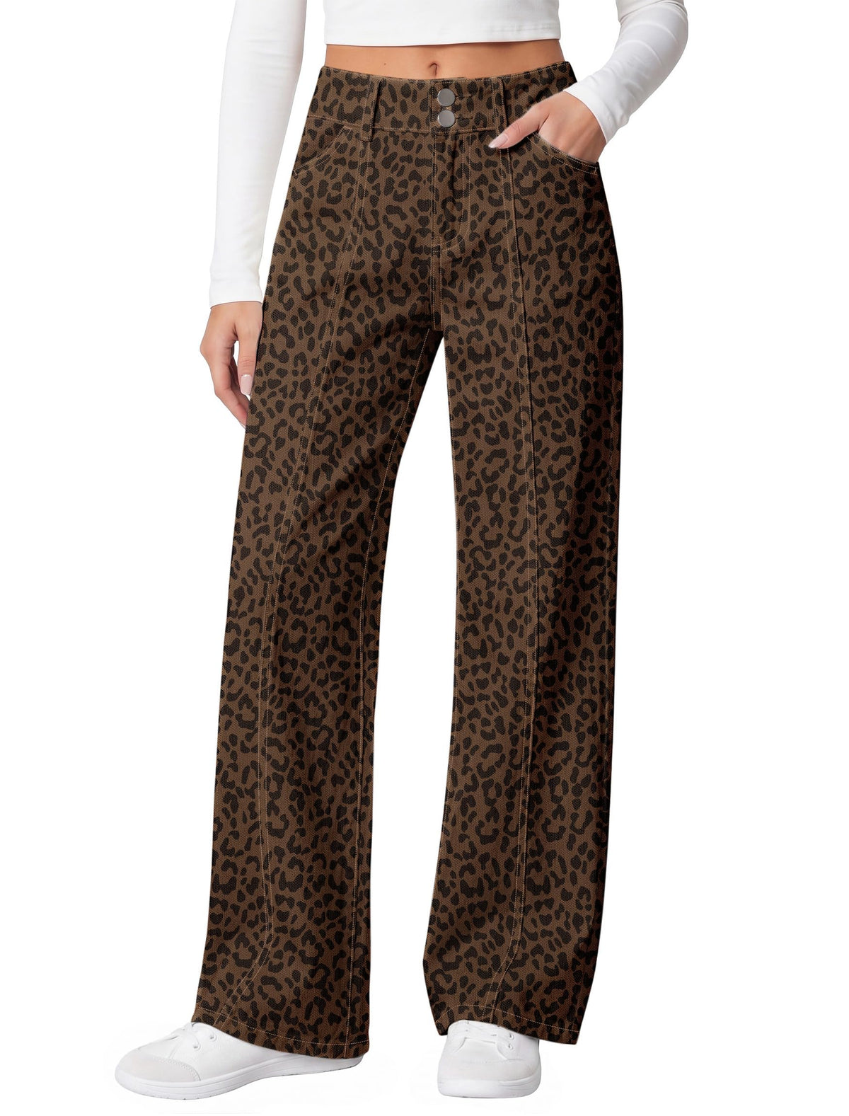 IWD Women's Wide Leg Jeans Straight Mid Rise Baggy Denim Pants Leopard