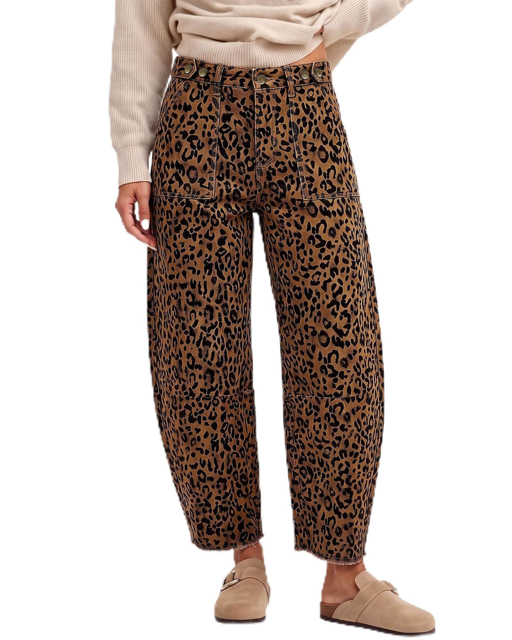 GRAPENT Leopard Barrel Jeans Women High Rise Frayed Hem Cheetah Print Pants