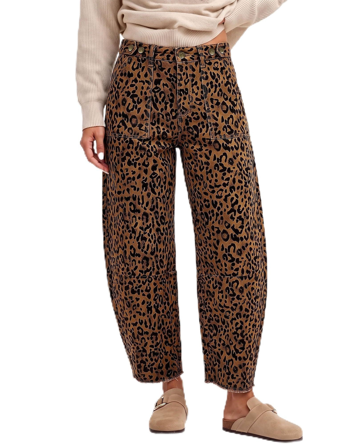 GRAPENT Leopard Barrel Jeans Women High Rise Frayed Hem Cheetah Print Pants