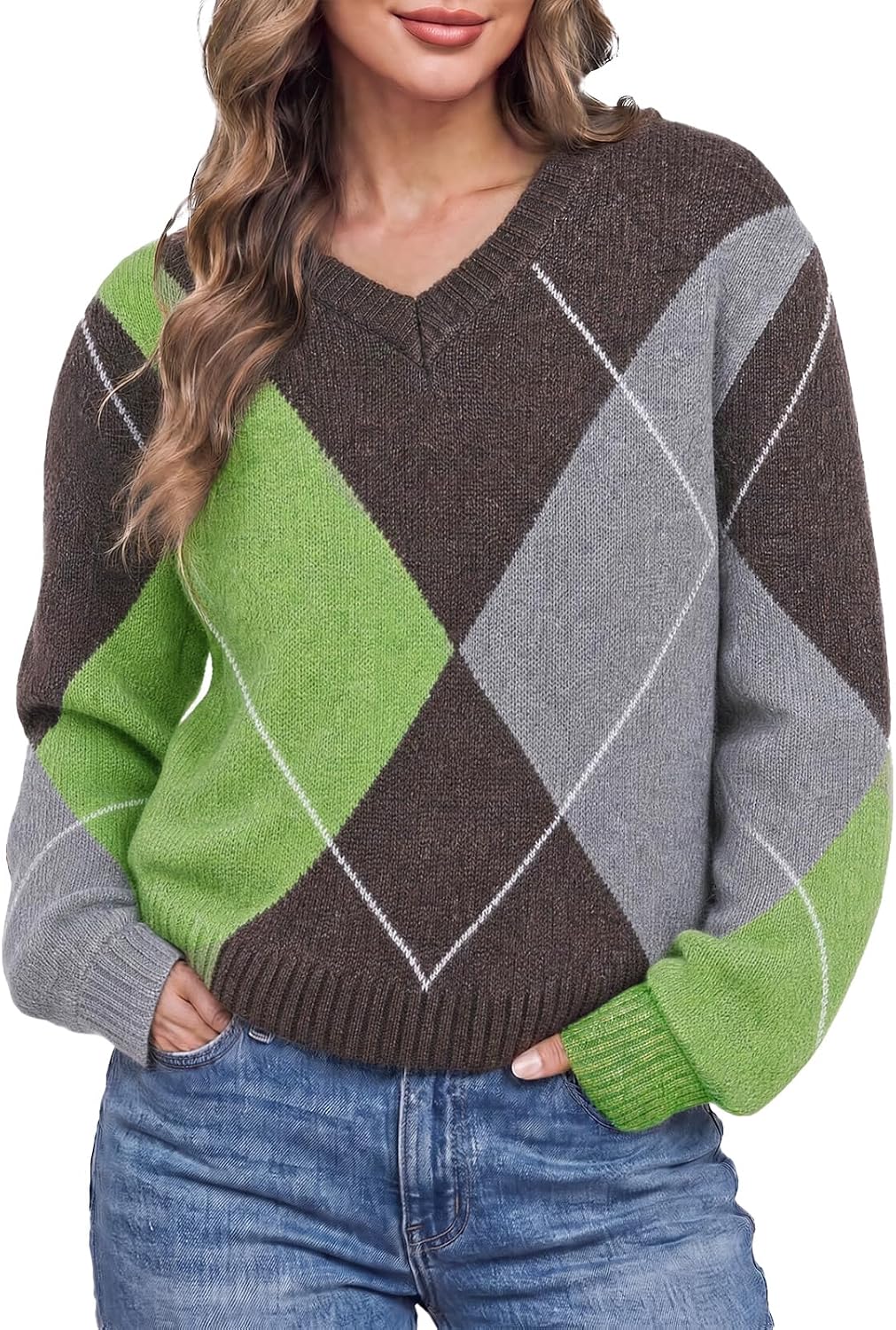 Cicy Bell Womens V Neck Argyle Sweaters Long Sleeve Knit Casual Pullovers