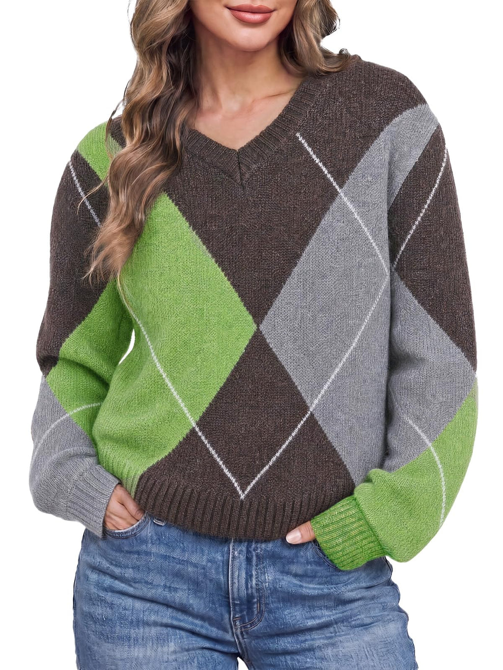 Cicy Bell Womens V Neck Argyle Sweaters Long Sleeve Knit Casual Pullovers