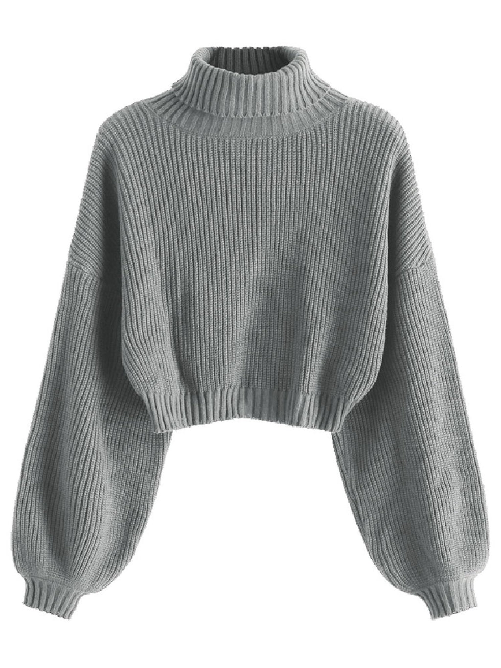 ZAFUL Women's Cropped Turtleneck Sweater Lantern Sleeve Ribbed Knit Pullover Sweater Jumper
