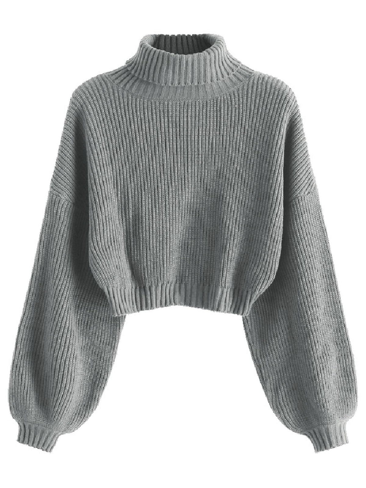 ZAFUL Women's Cropped Turtleneck Sweater Lantern Sleeve Ribbed Knit Pullover Sweater Jumper