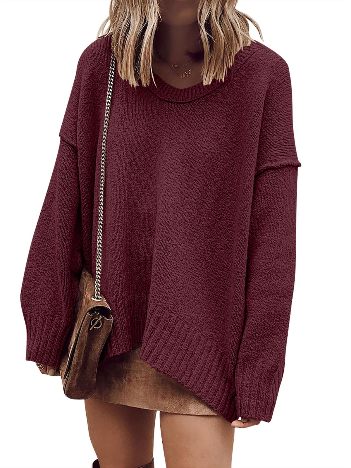 ANRABESS Womens Fall Fashion Oversized Scoop V Neck Batwing Sleeve Sweater