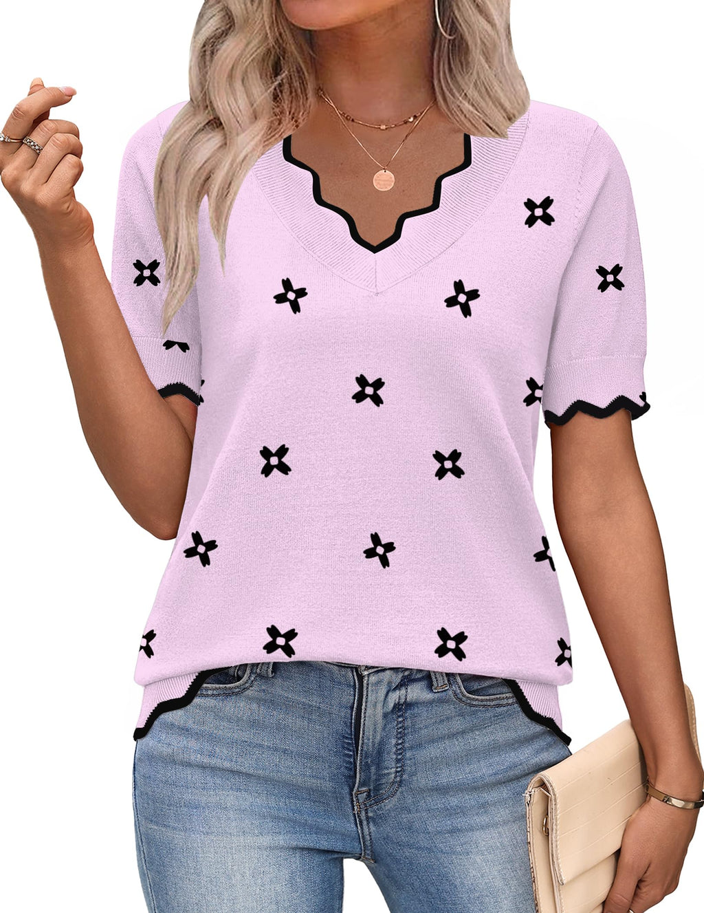 Zeagoo Women's Short Sleeve Sweater 2026 Summer V Neck Tops Dressy Blouses