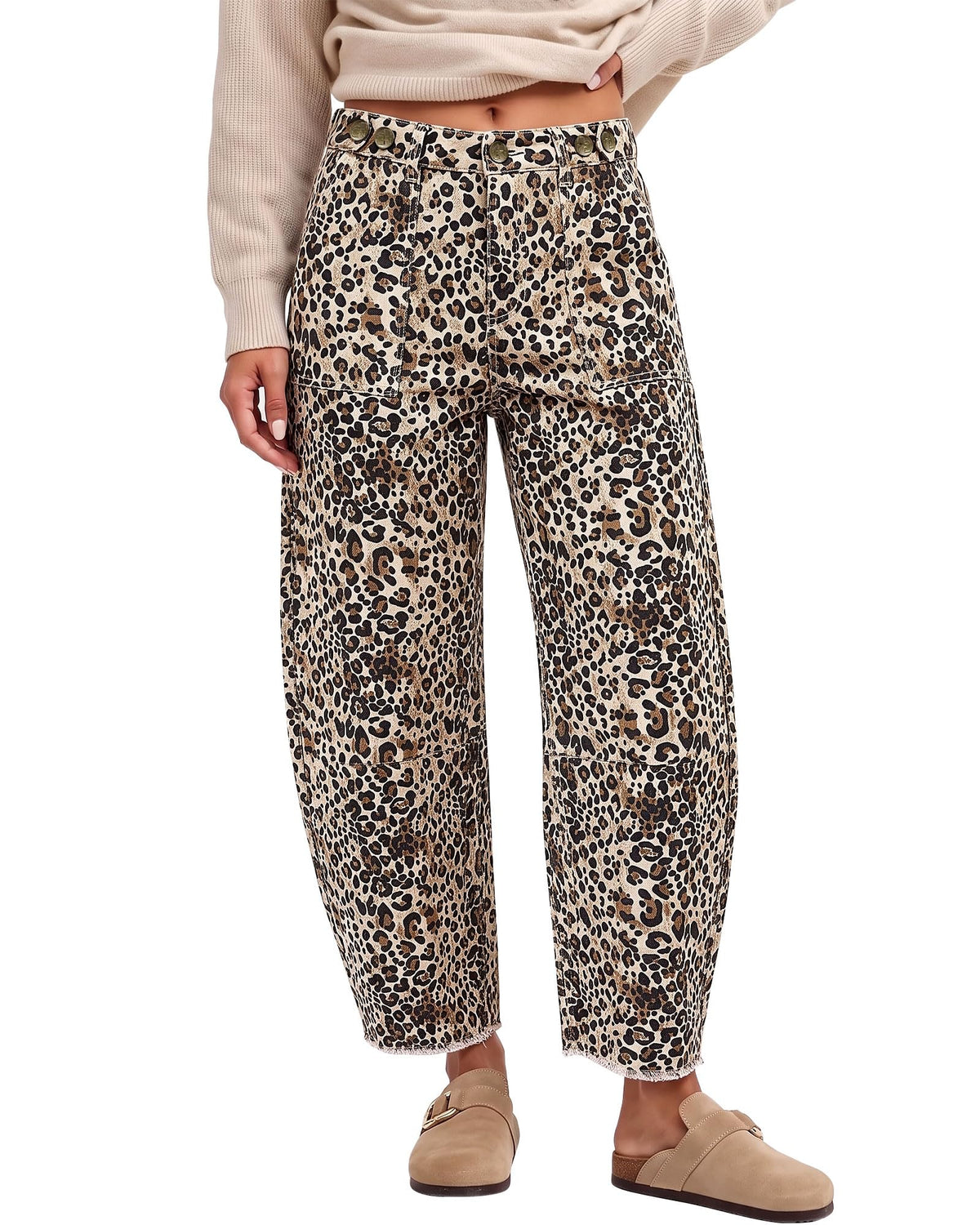 GRAPENT Leopard Barrel Jeans Women High Rise Frayed Hem Cheetah Print Pants