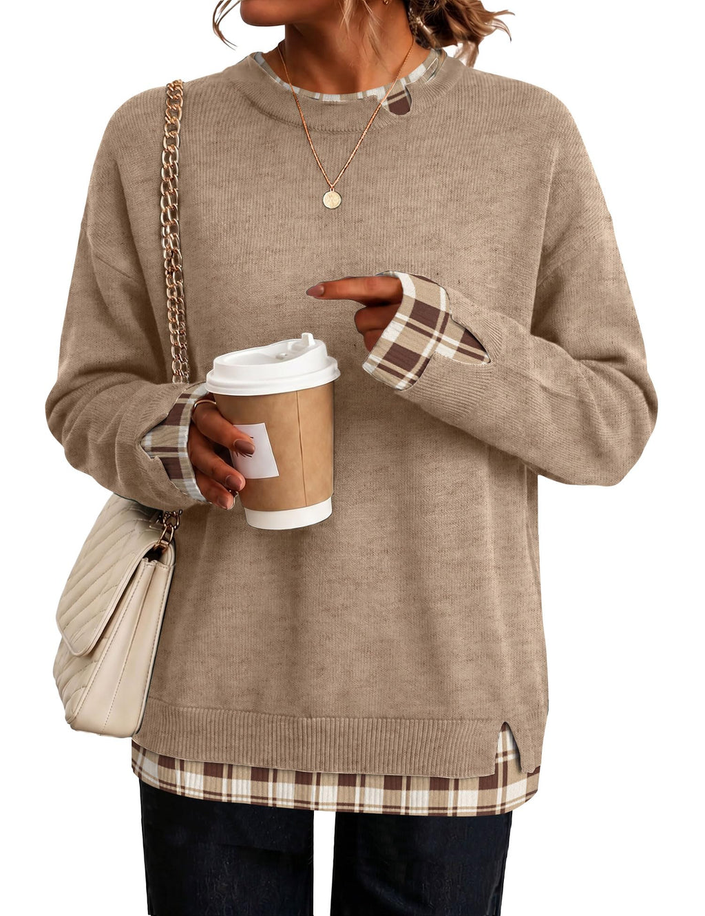 LOMON Womens Sweaters Cozy Long Sleeve Pullover Tops Faux Layered Sweaters