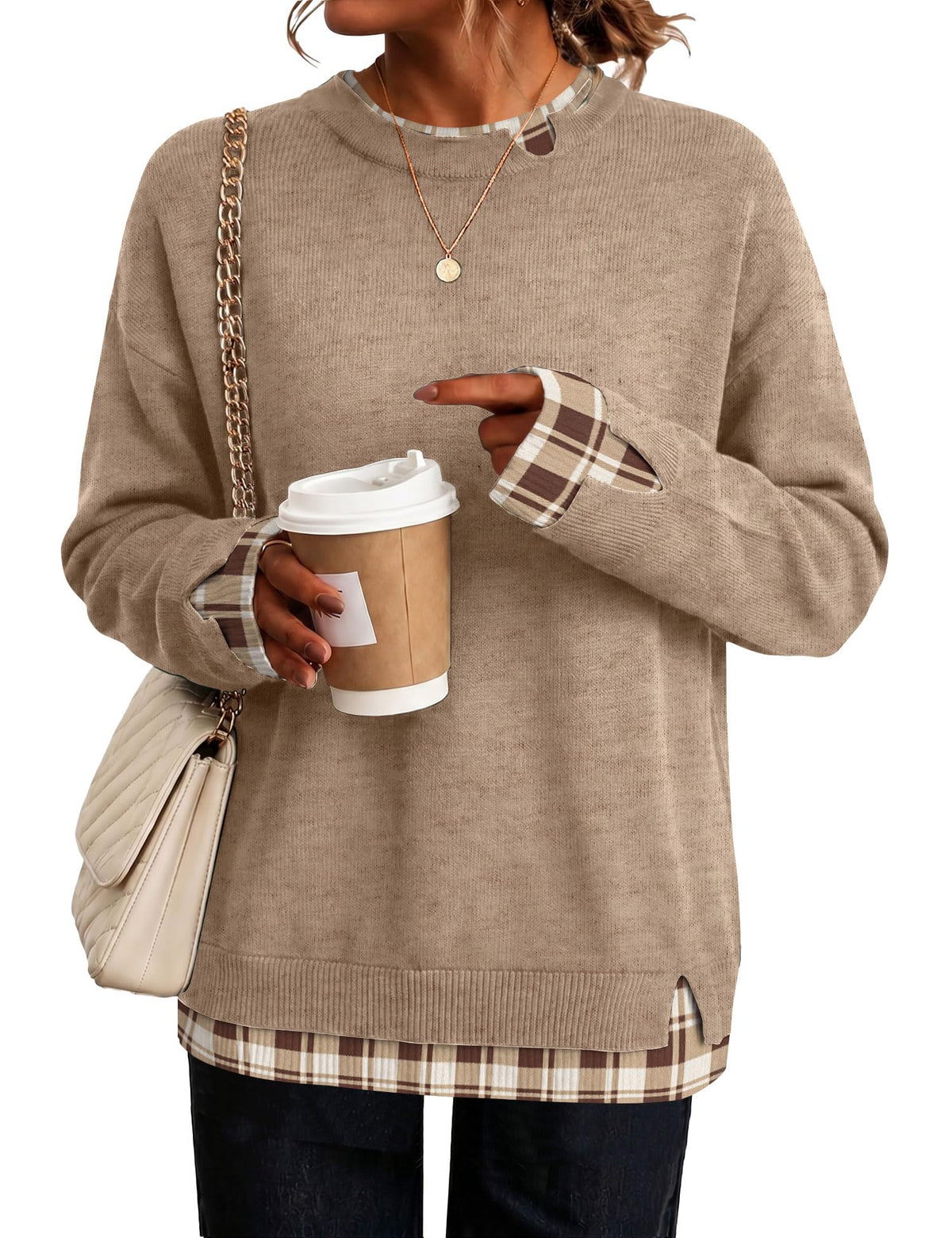 LOMON Womens Sweaters Cozy Long Sleeve Pullover Tops Faux Layered Sweaters