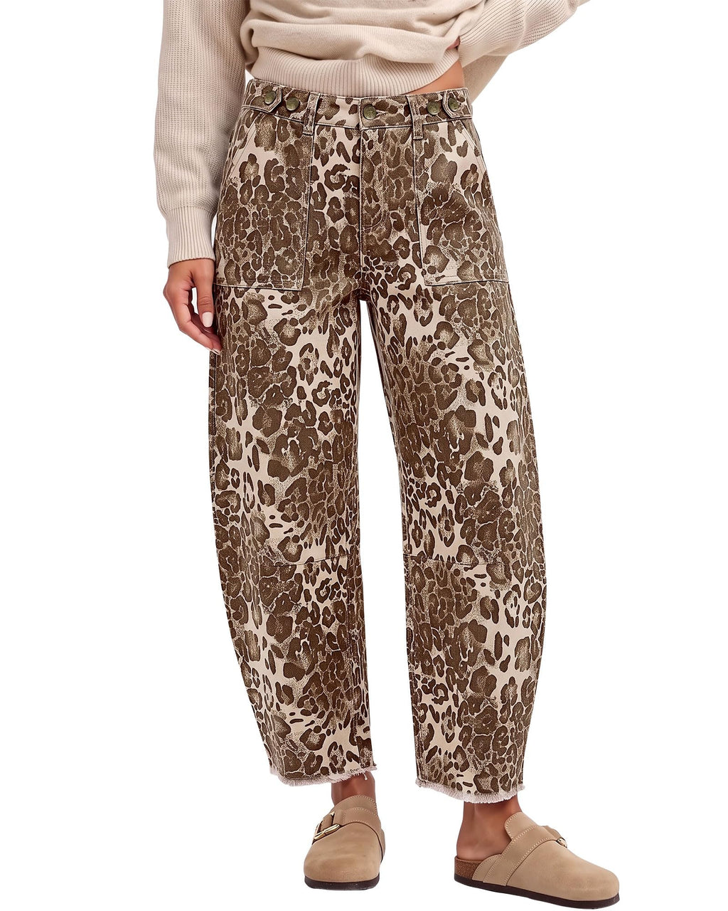 GRAPENT Leopard Barrel Jeans Women High Rise Frayed Hem Cheetah Print Pants