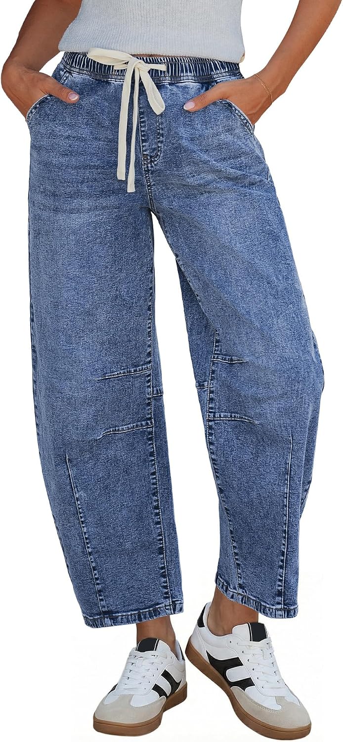 GRAPENT Barrel Jeans Women High Rise Pull On Elastic Waist Crop Denim Pants