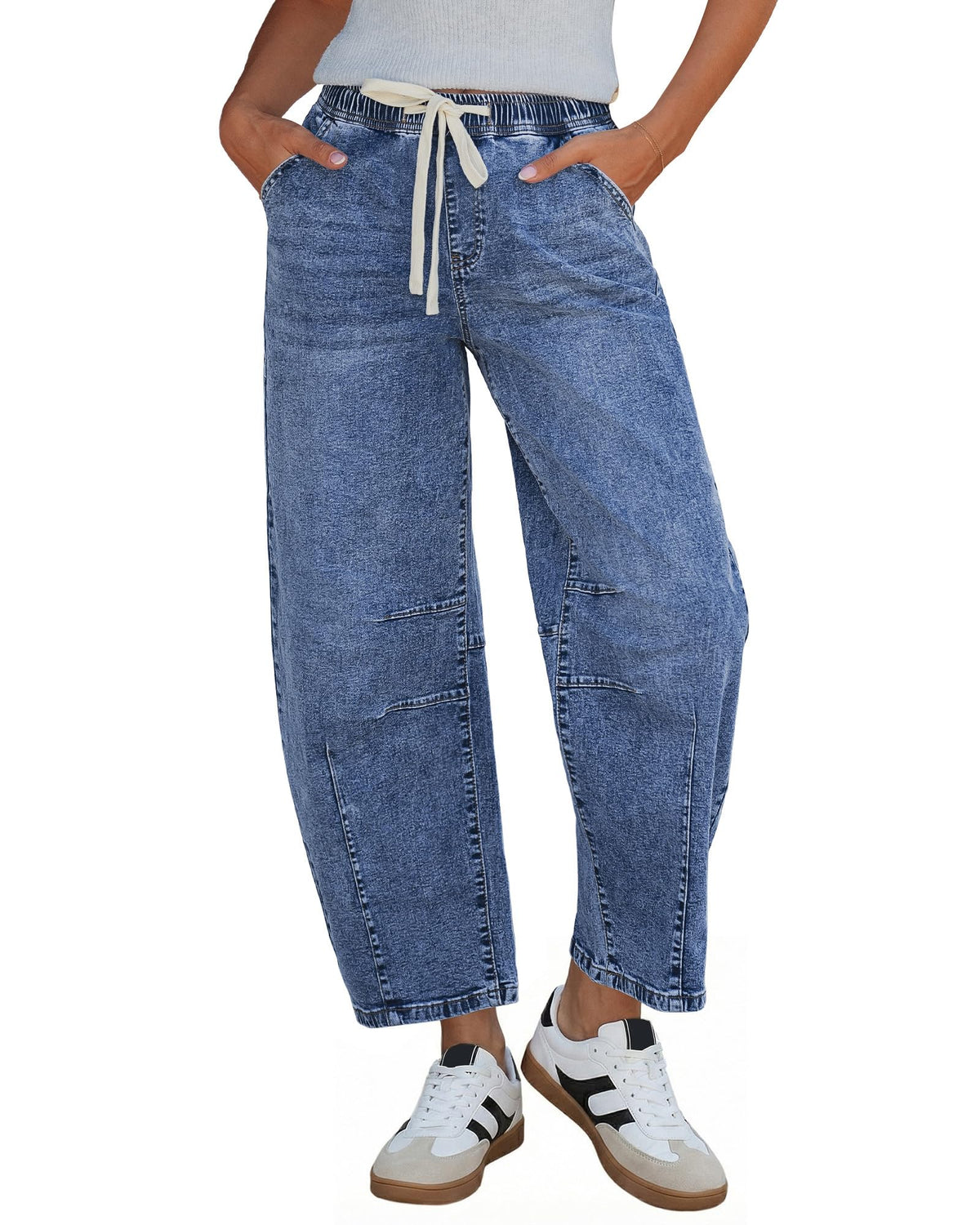 GRAPENT Barrel Jeans Women High Rise Pull On Elastic Waist Crop Denim Pants