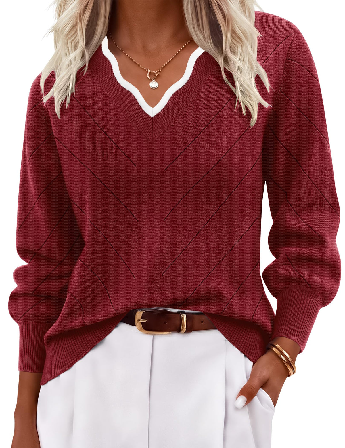 Ekouaer Women's Fall V Neck Sweaters Knit Lightweight Long Sleeve Tops 2026