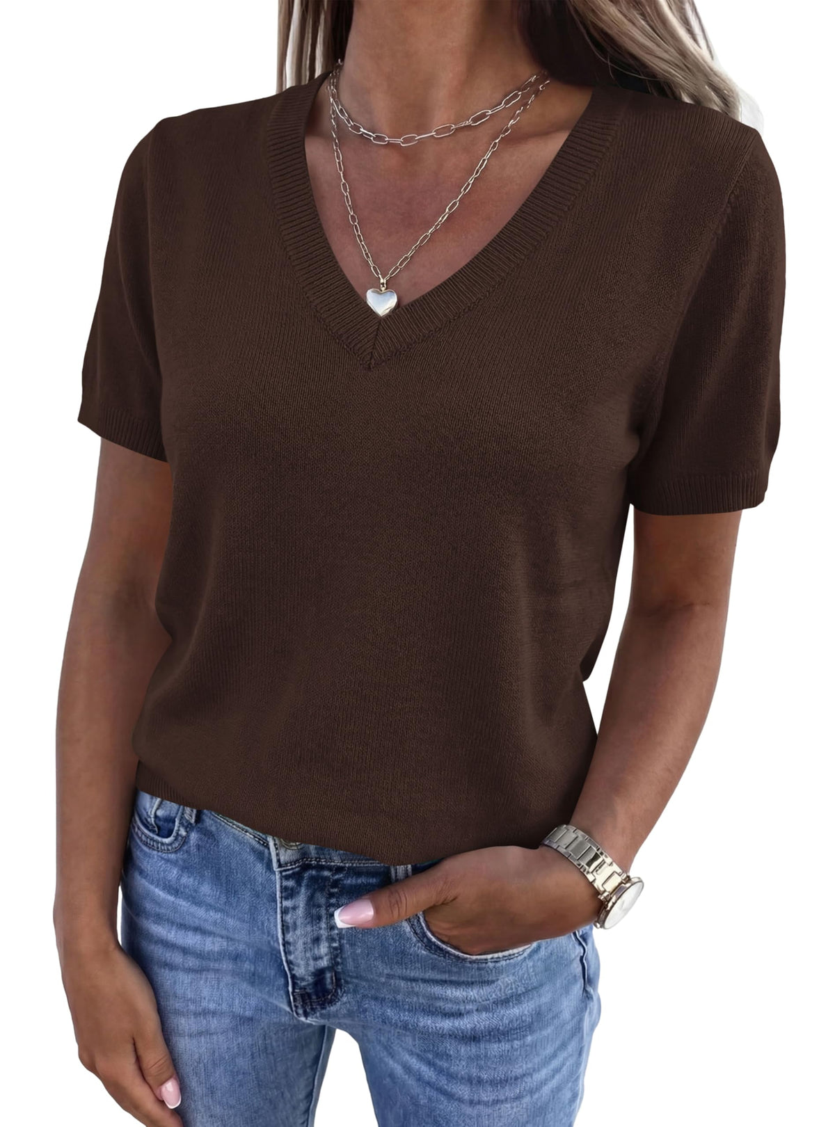PRETTYGARDEN Womens Short Sleeve Sweater V Neck Tops