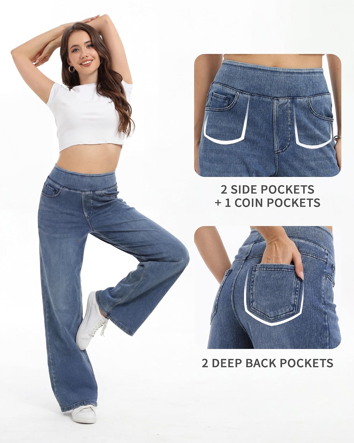 Wide Leg Pull On Jeans Womens High Rise Stretchy Jeans Denim Pants with Elastic Waist Tummy Control