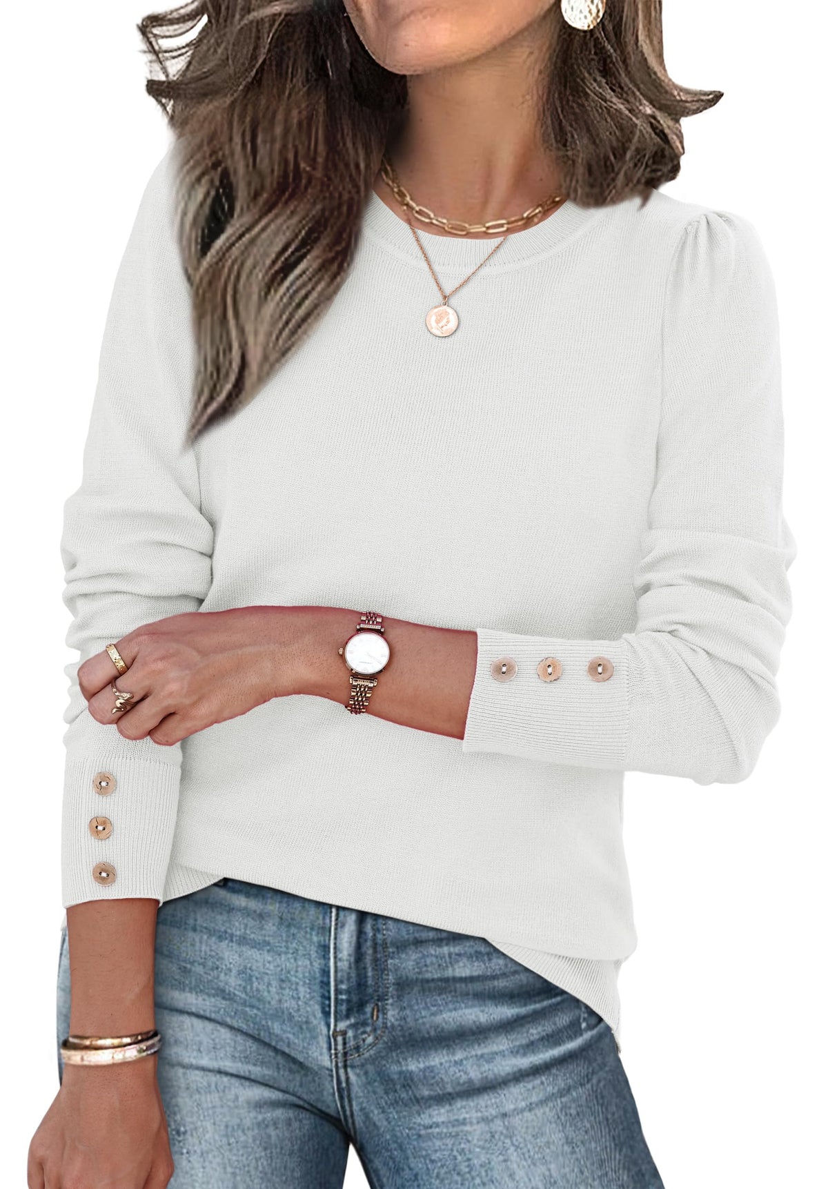 Womens Sweaters Fall Fashion 2025 Long Sleeve Button Cuff Soft Knit Pullover Trendy Tops Dressy Casual Blouses