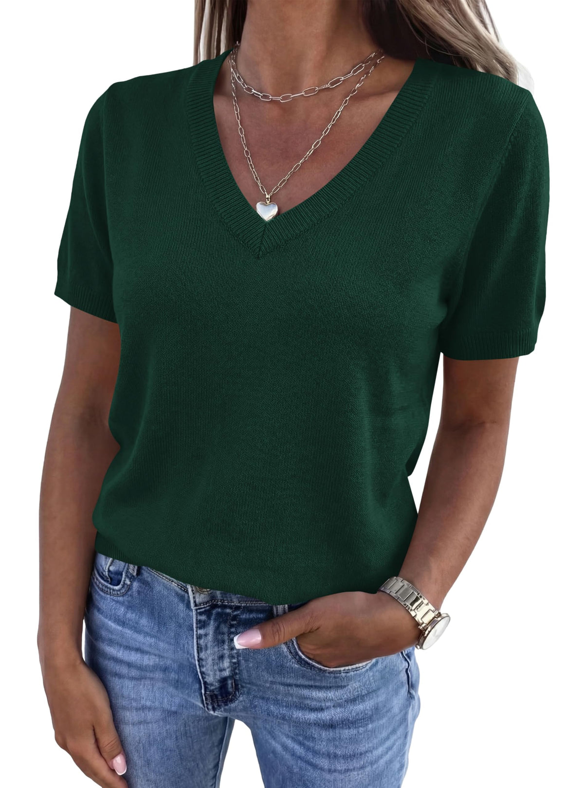 PRETTYGARDEN Womens Short Sleeve Sweater V Neck Tops